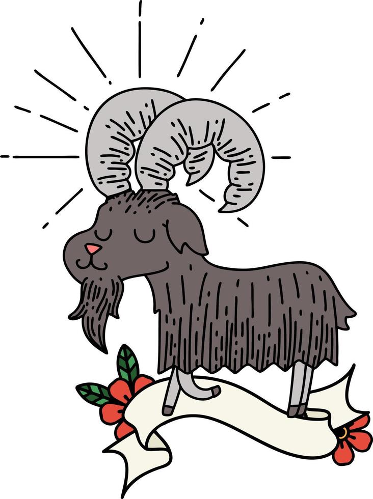 scroll banner with tattoo style happy goat vector
