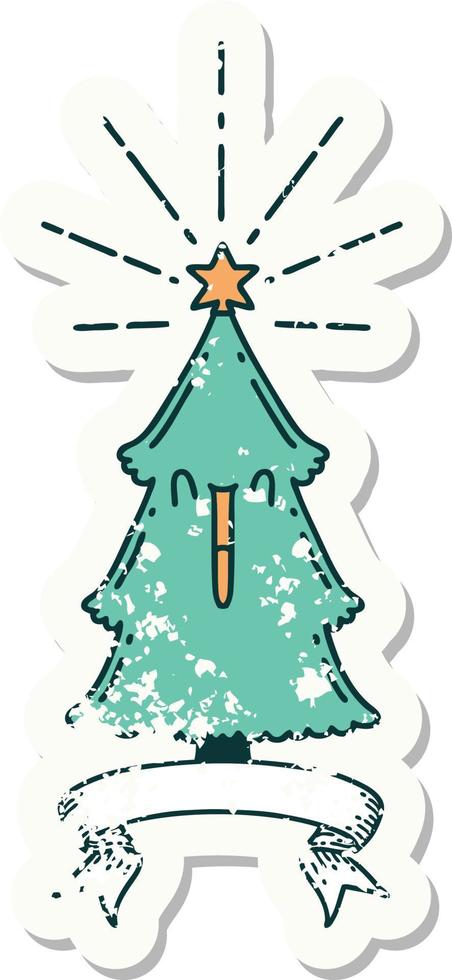 worn old sticker of a tattoo style christmas tree with star vector