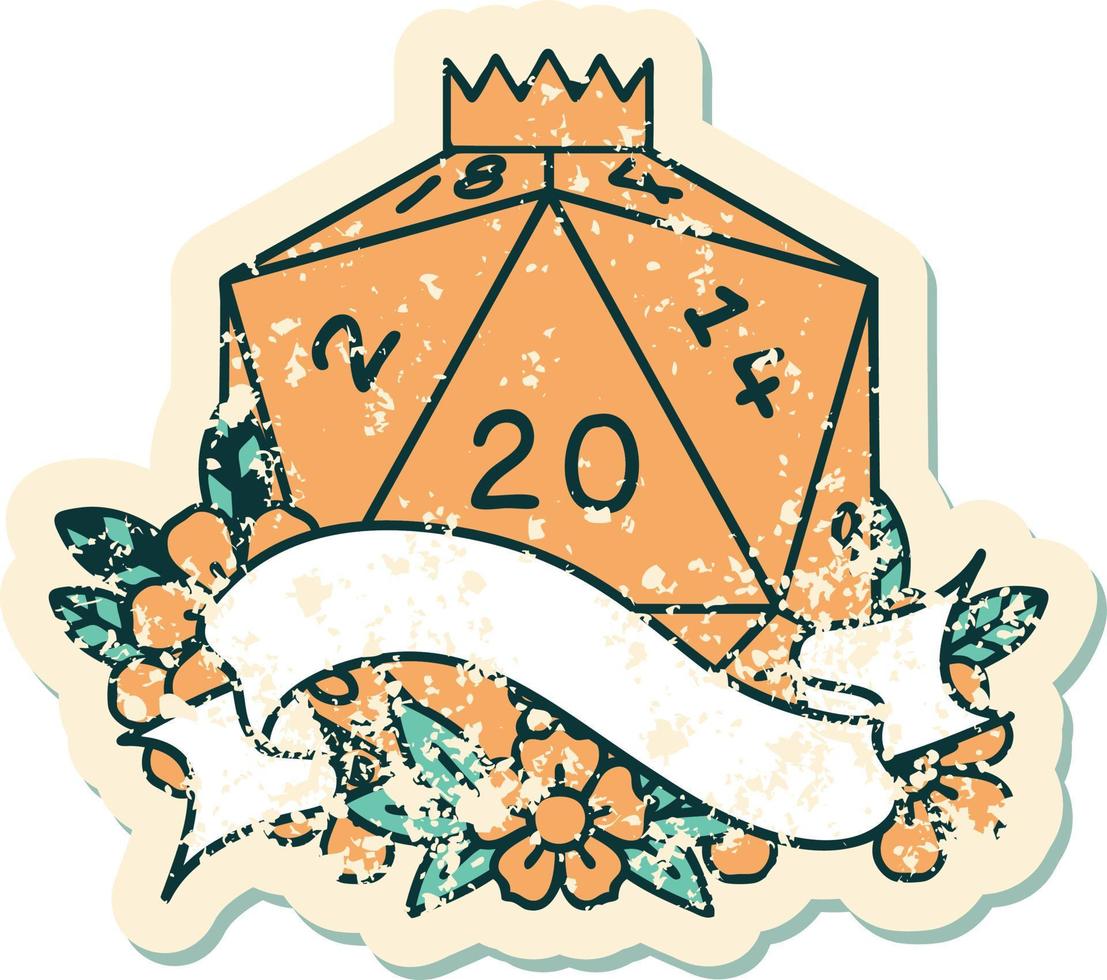Retro Tattoo Style natural twenty D20 dice roll vector