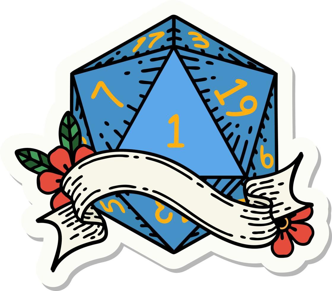 sticker of a natural one d20 dice roll vector
