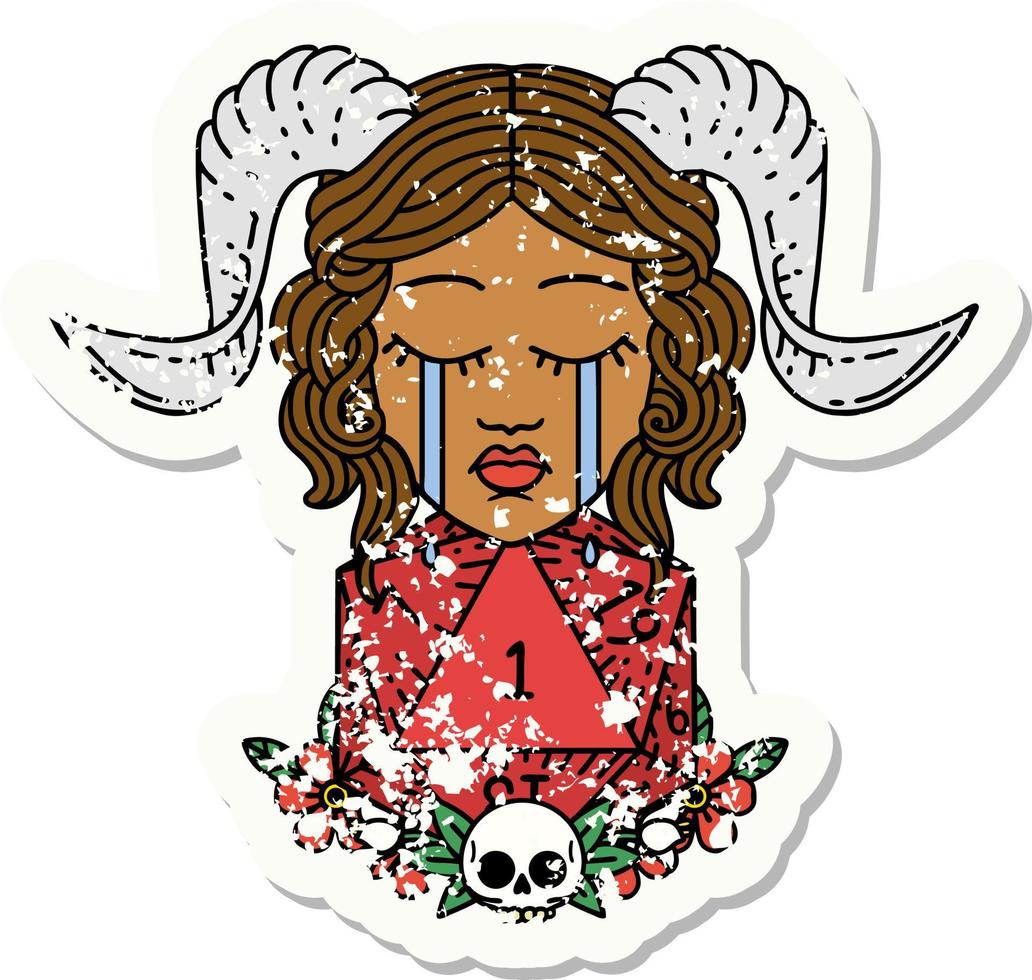 Retro Tattoo Style sad tiefling with natural one d20 dice roll vector