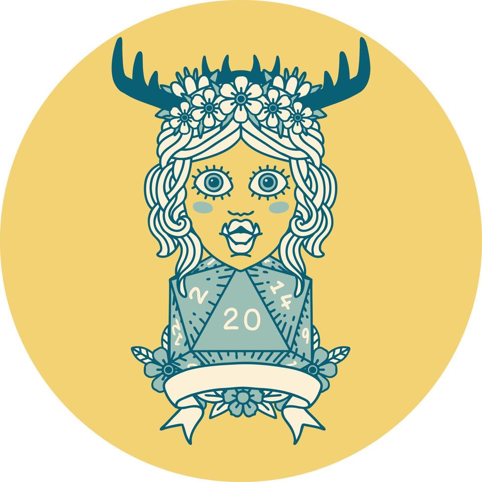 Retro Tattoo Style orc druid character with natural twenty dice roll vector