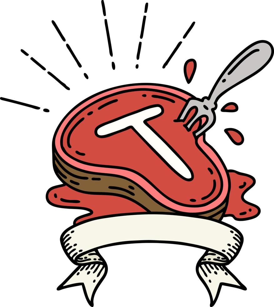 scroll banner with tattoo style steak and fork vector