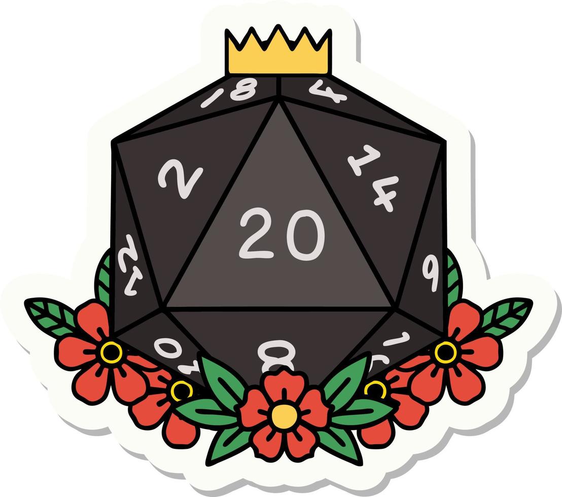 sticker of a natural 20 D20 dice roll with floral elements vector