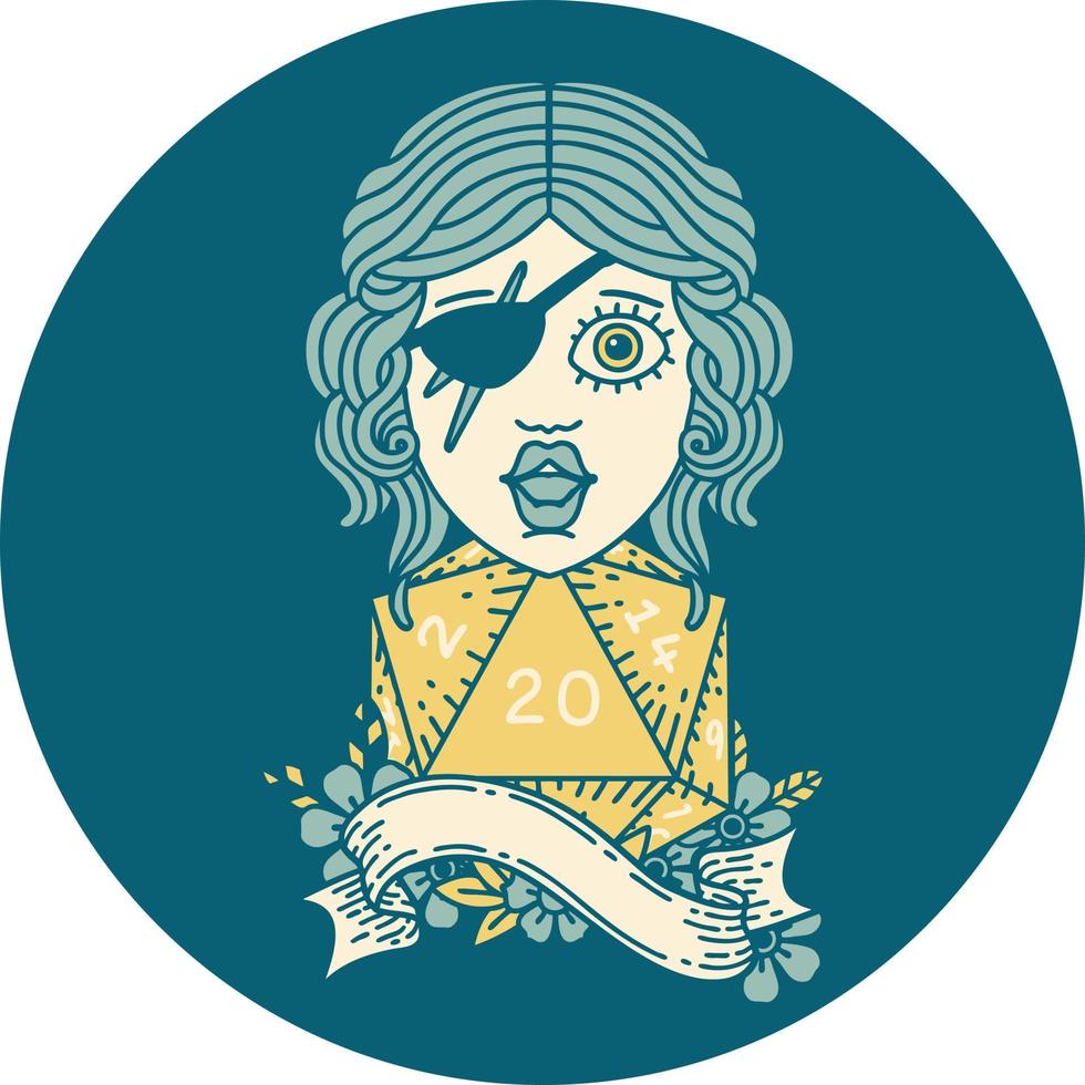Retro Tattoo Style human rogue with natural twenty dice roll vector