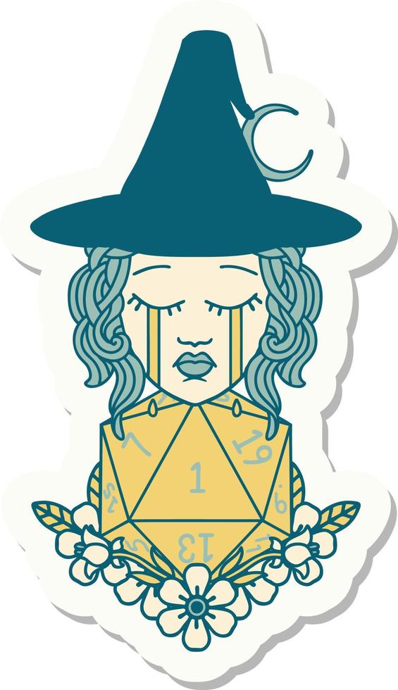 sticker of a crying human witch with natural one D20 dice roll vector