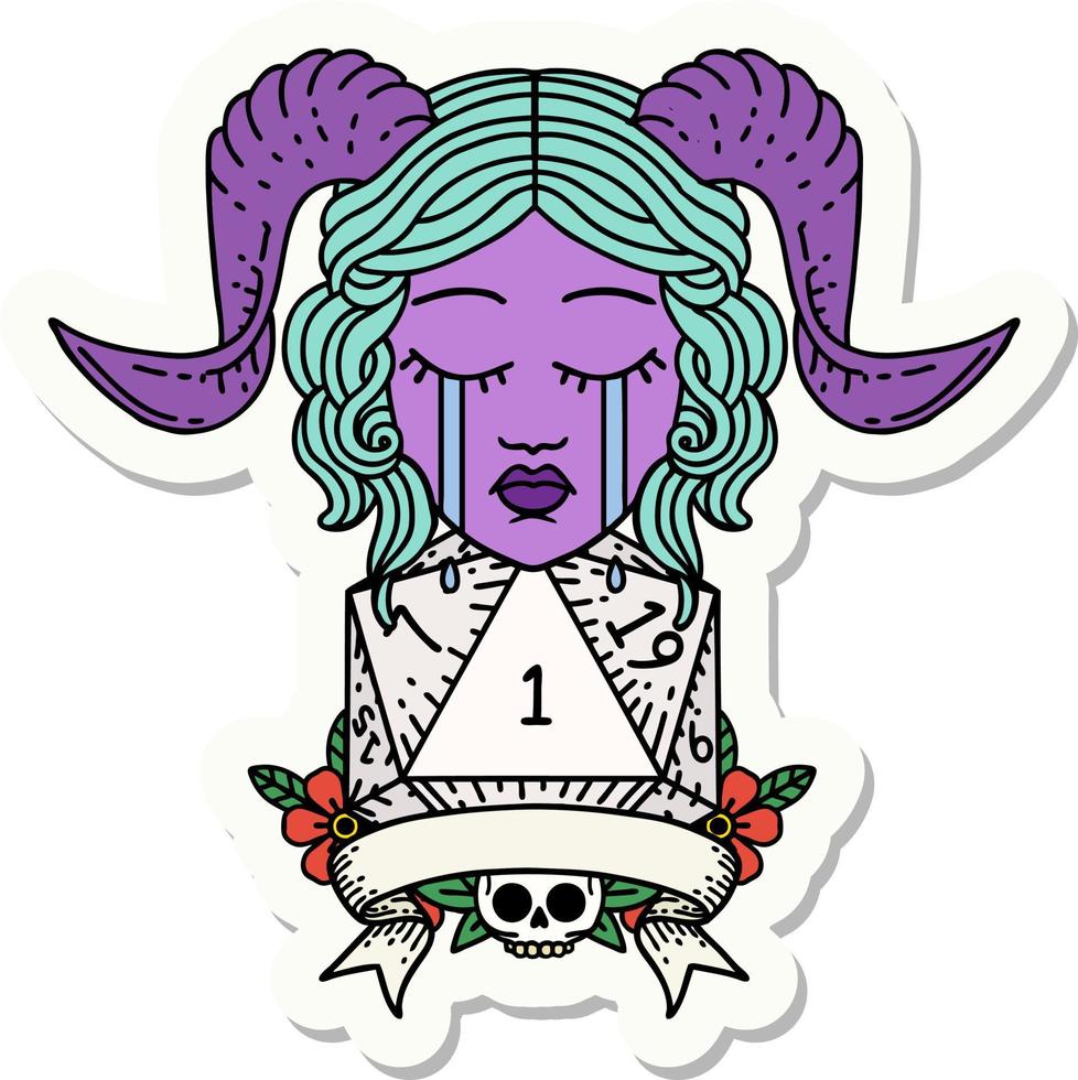 sticker of a crying tiefling face with natural 1 D20 Dice vector