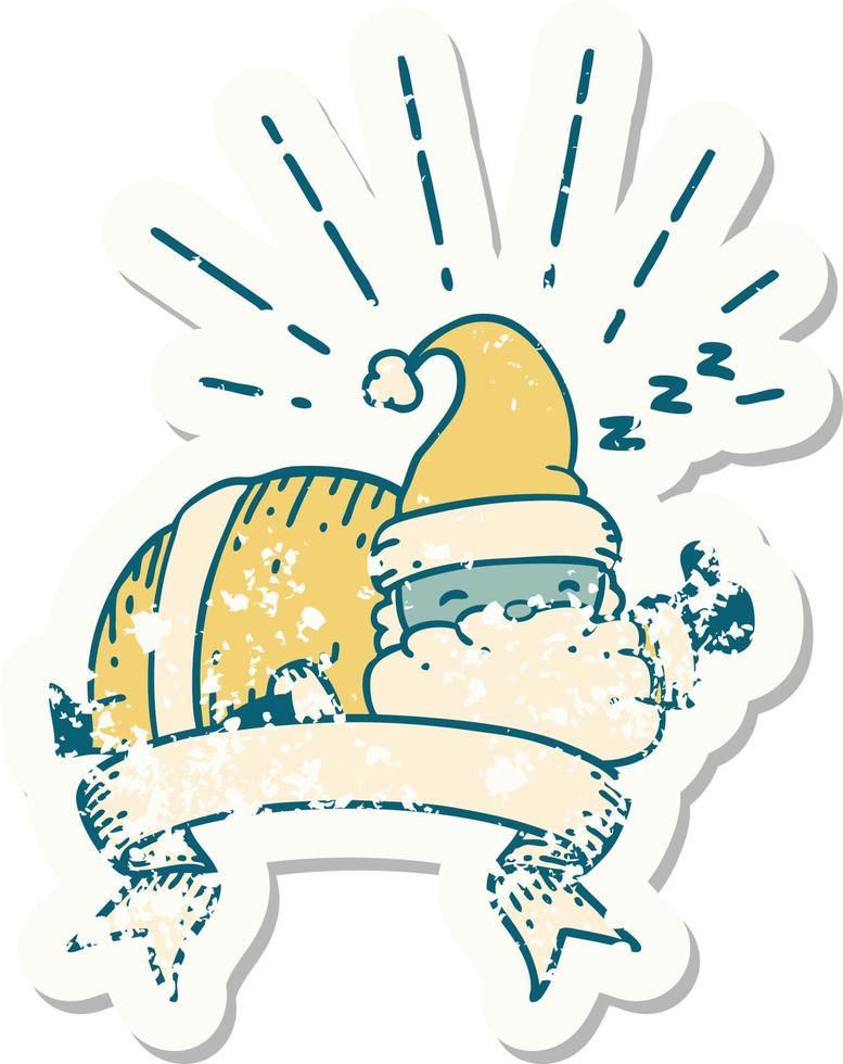 worn old sticker of a tattoo style santa claus christmas character sleeping vector