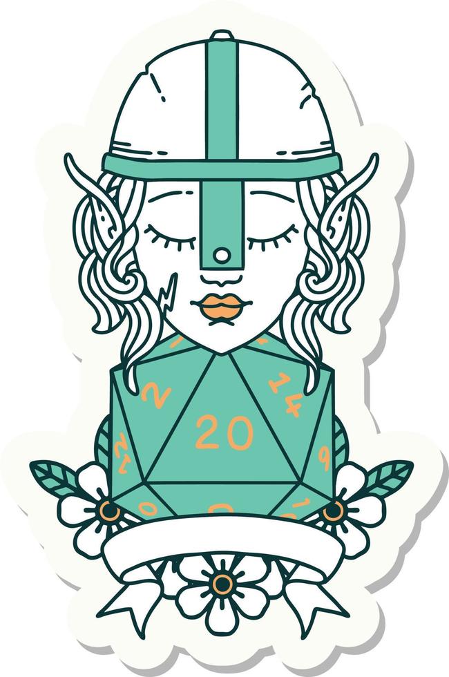 sticker of a elf fighter with natural 20 dice roll vector