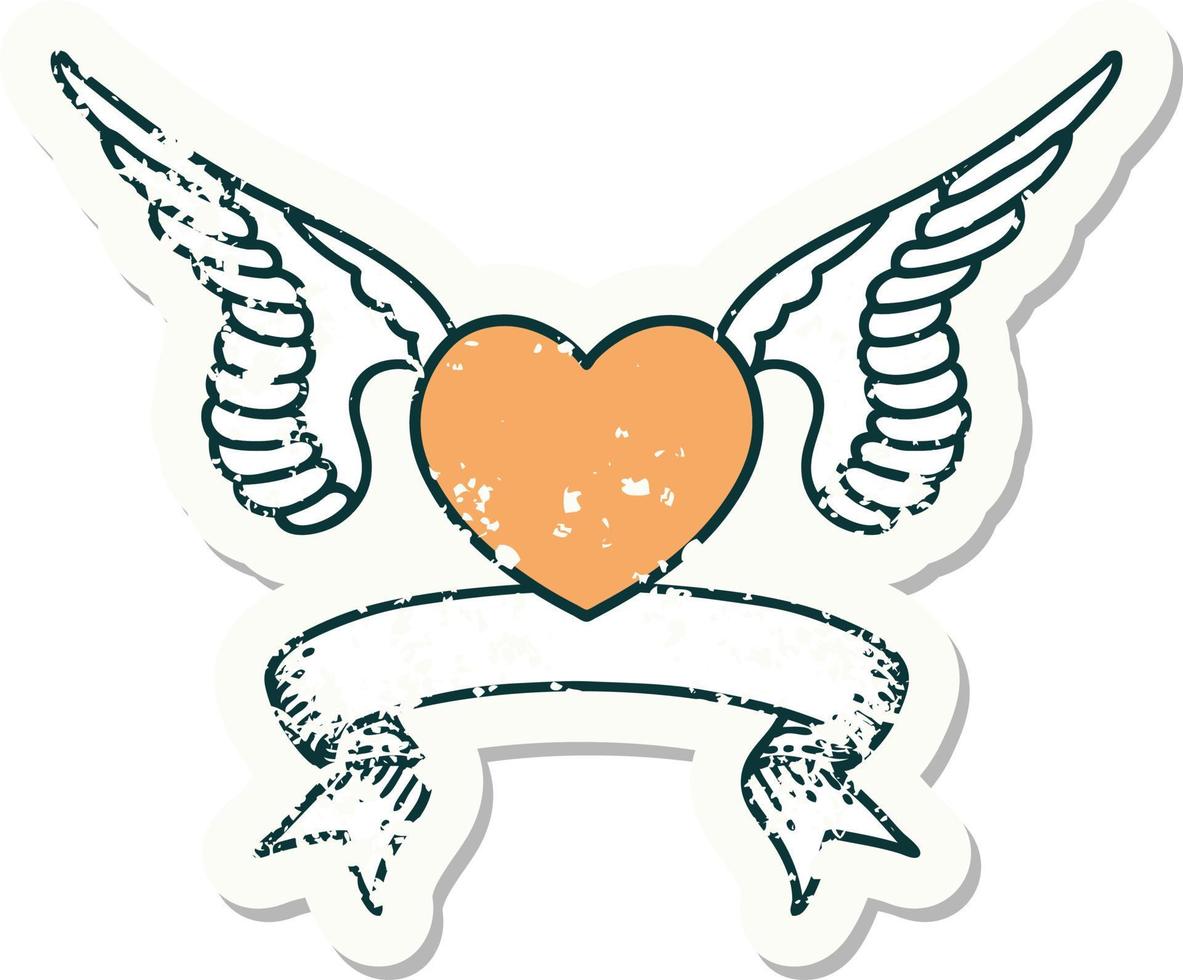 worn old sticker with banner of a heart with wings vector