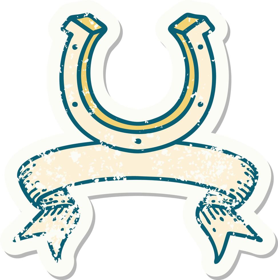 worn old sticker with banner of a horse shoe vector