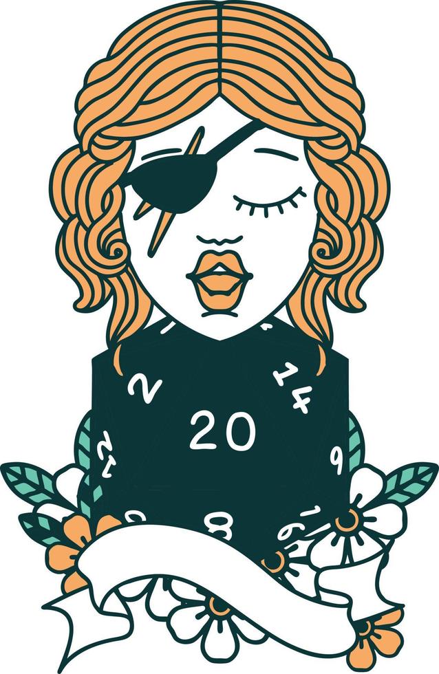 Retro Tattoo Style human rogue with natural 20 dice roll vector