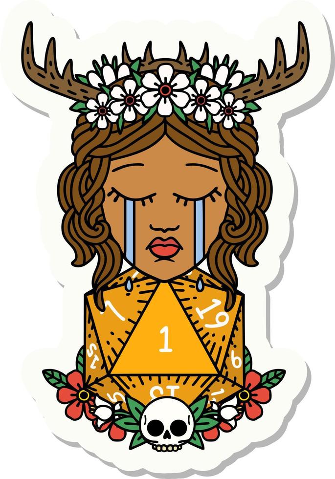 sticker of a crying human druid with natural one D20 roll vector