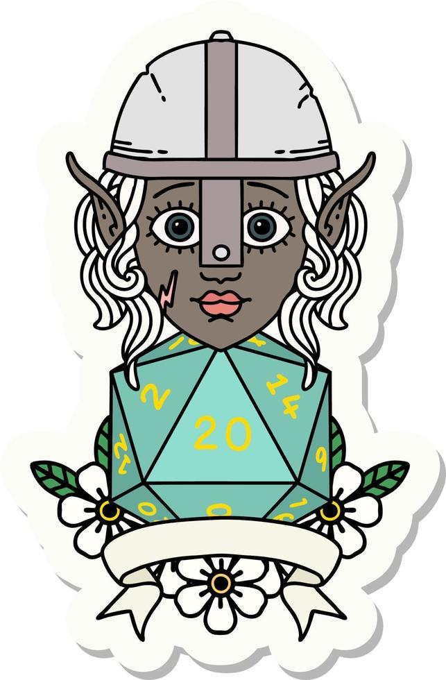 sticker of a elf fighter with natural 20 dice roll vector