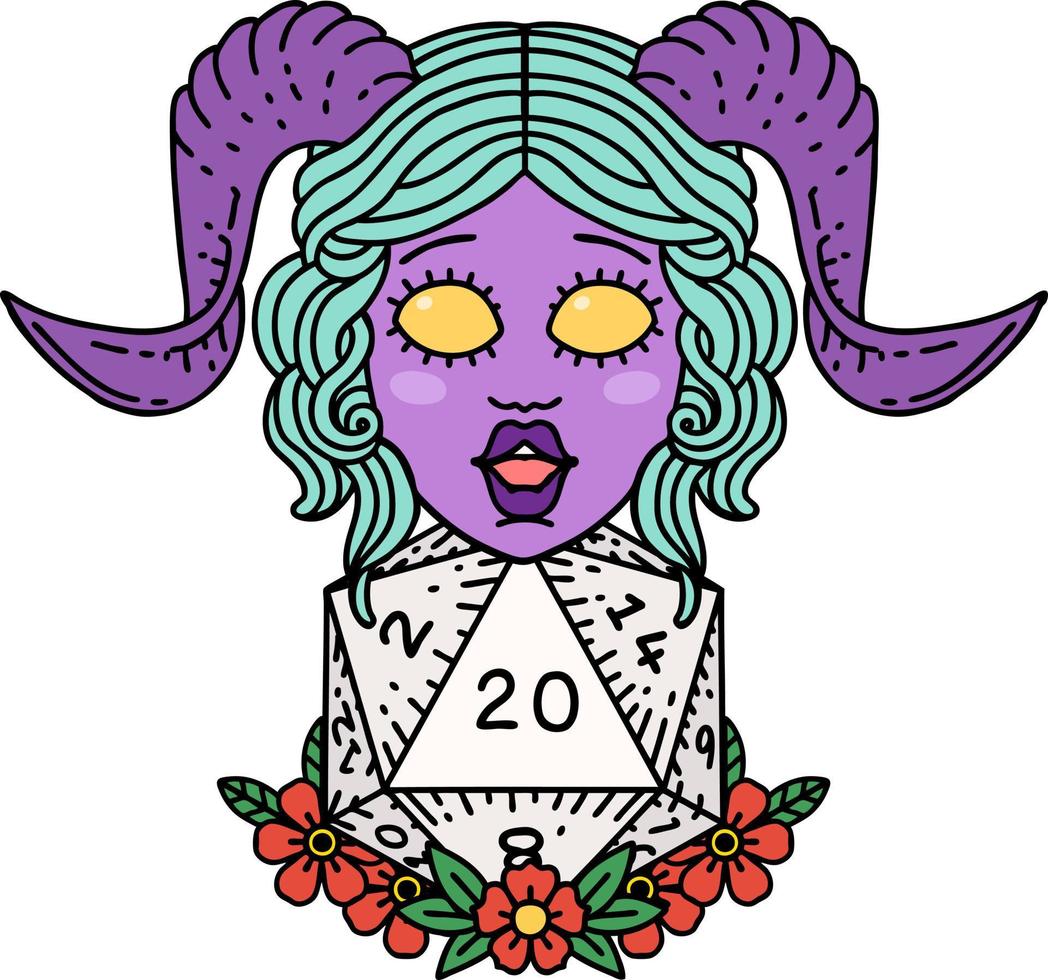 Retro Tattoo Style tiefling with natural twenty dice roll vector