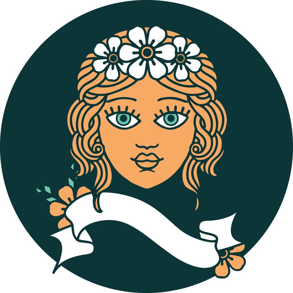 icono de estilo tatuaje con pancarta de rostro femenino con corona de flores vector