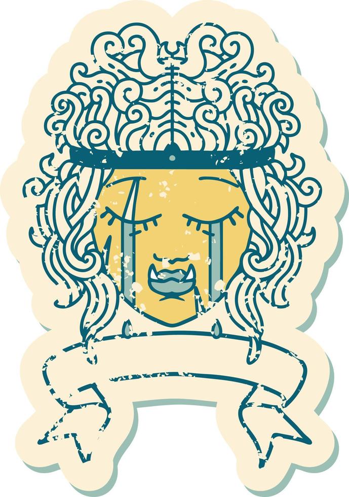 Retro Tattoo Style crying orc barbarian character face with banner vector