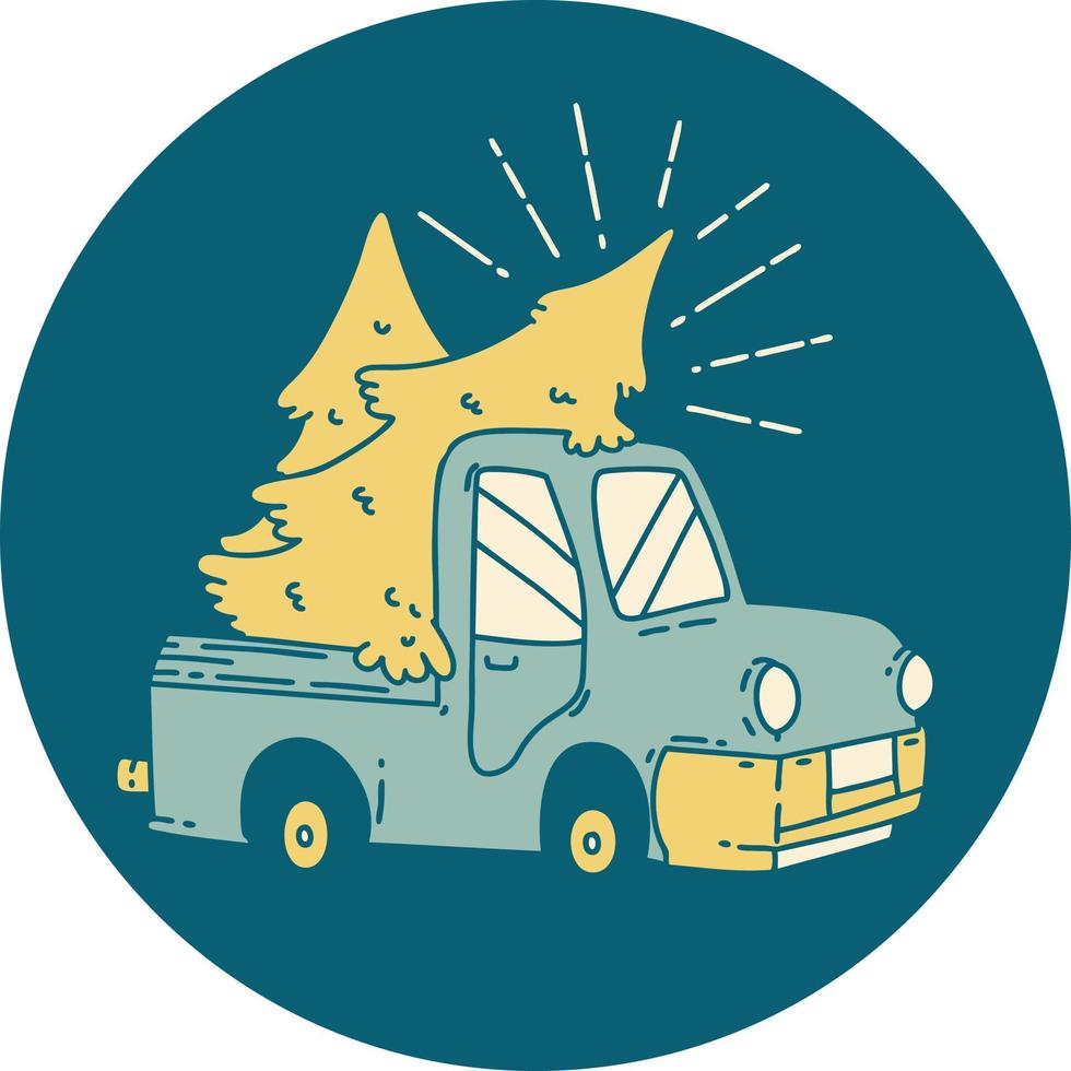 icon of a tattoo style truck carrying trees vector