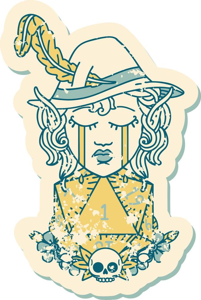Retro Tattoo Style crying elf bard character with natural one D20 roll vector