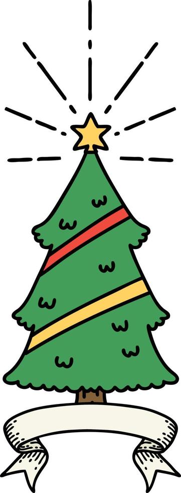 banner de desplazamiento con árbol de navidad estilo tatuaje con estrella vector