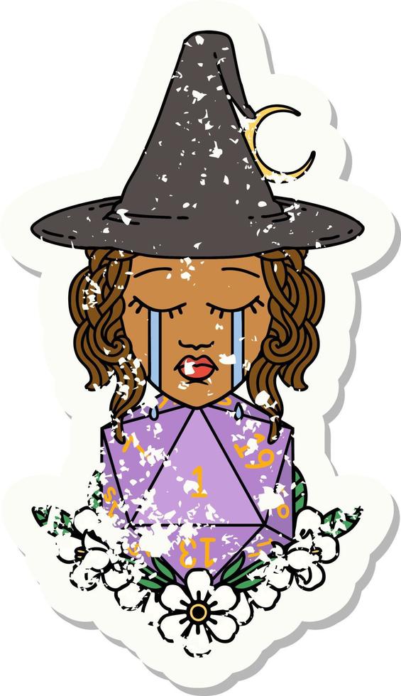 Retro Tattoo Style crying human witch with natural one D20 dice roll vector