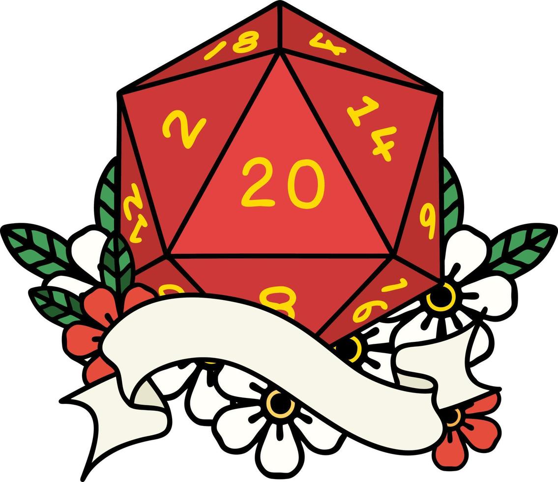 Retro Tattoo Style natural twenty D20 dice roll vector