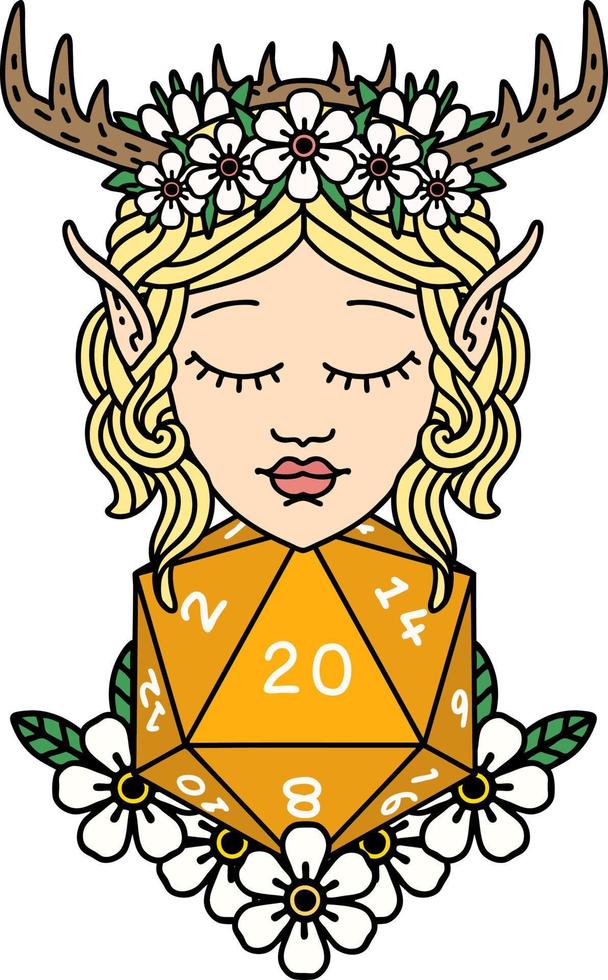 Retro Tattoo Style elf druid character with nautral twenty dice roll vector