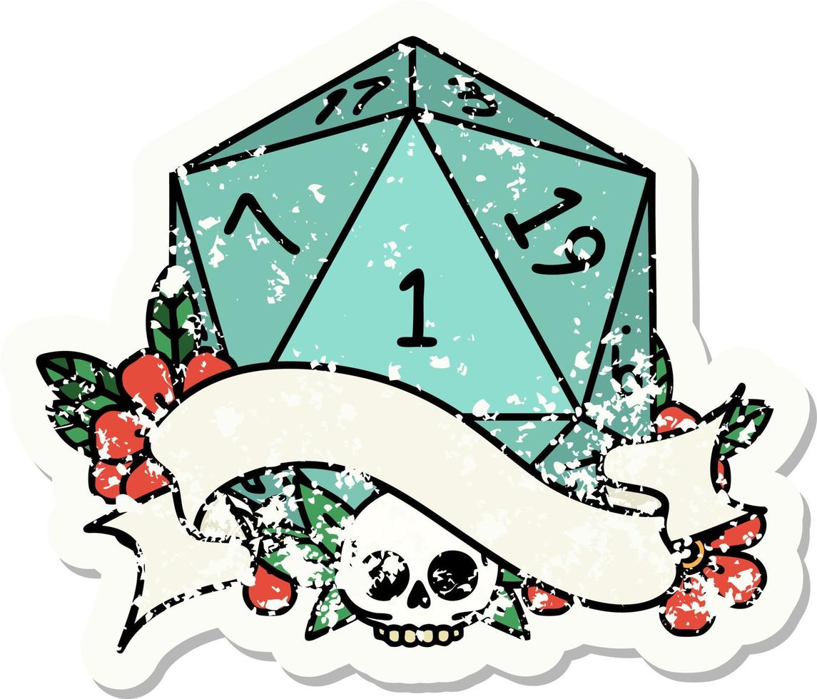 grunge sticker of a natural one d20 dice roll vector