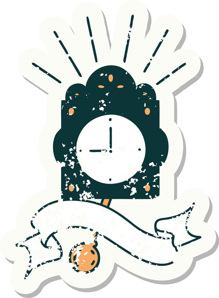 worn old sticker of a tattoo style ticking clock vector