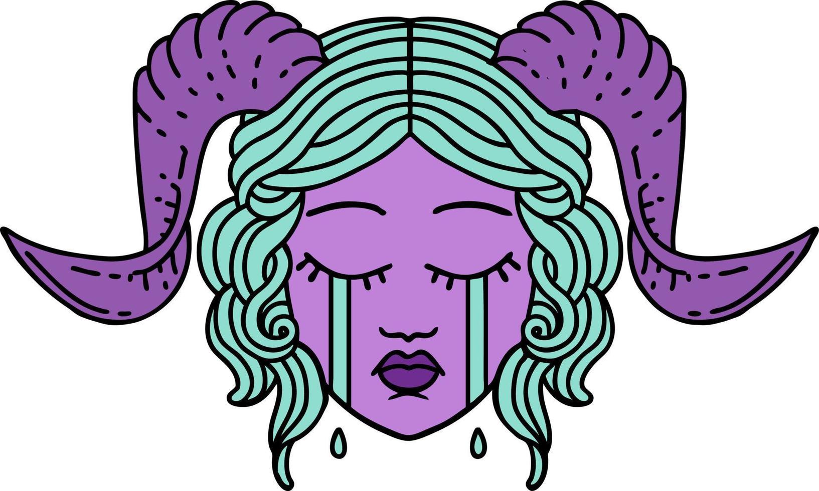 Retro Tattoo Style crying tiefling character face vector