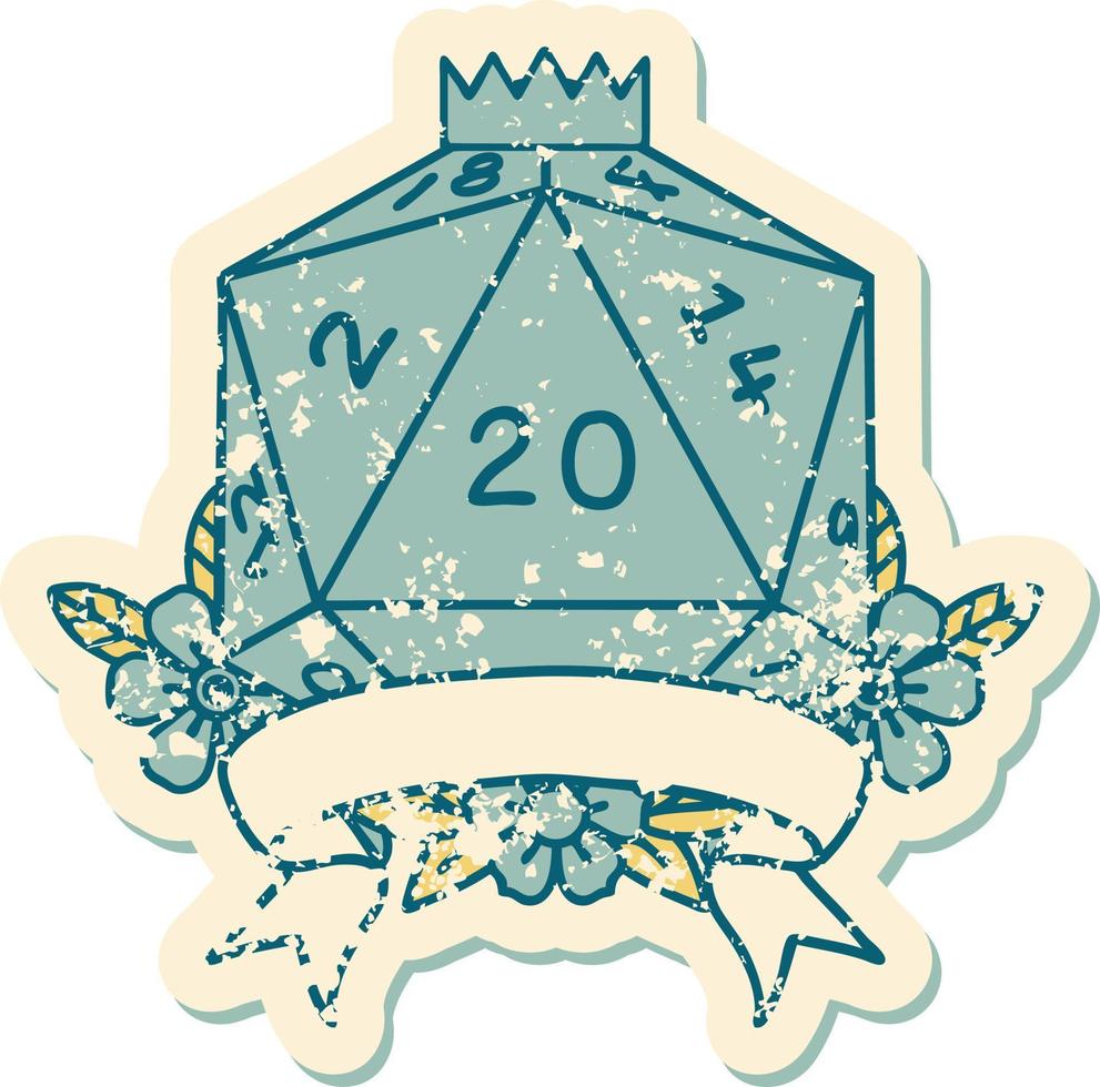 Retro Tattoo Style natural 20 critical hit D20 dice roll vector