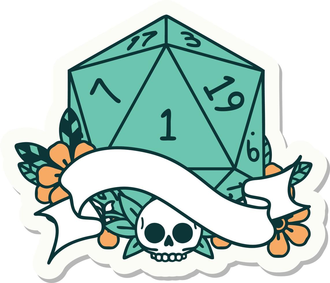 sticker of a natural one d20 dice roll vector
