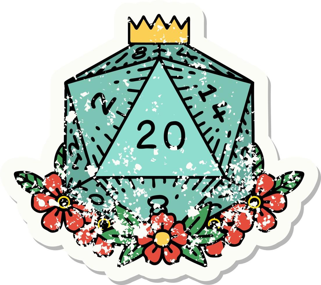 grunge sticker of a natural 20 D20 dice roll with floral elements vector