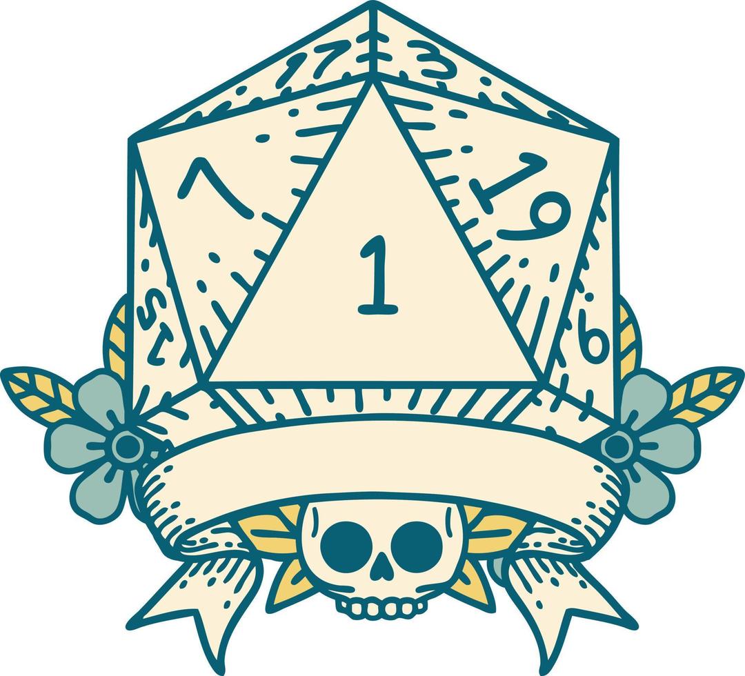 estilo de tatuaje retro natural uno d20 tirada de dados vector