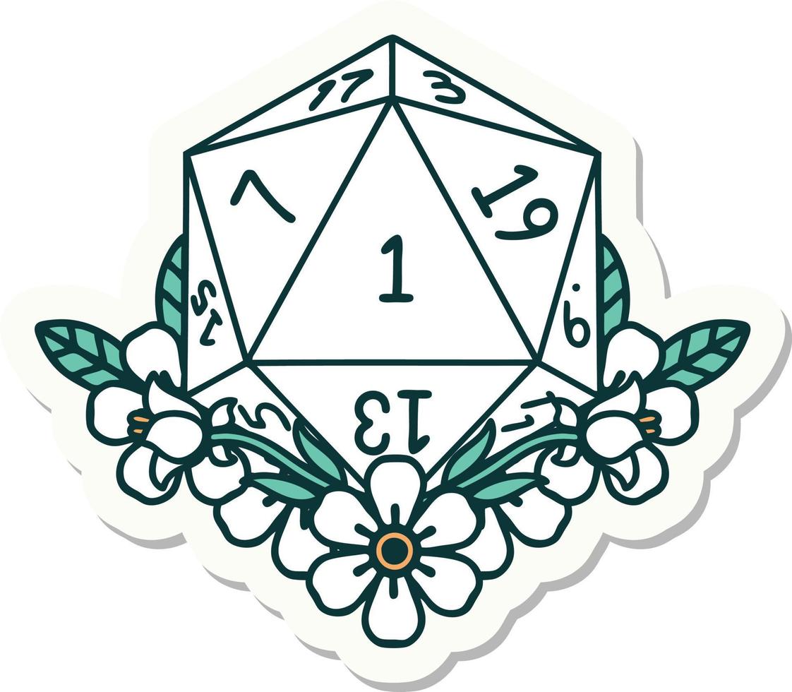 sticker of a natural one dice roll with floral elements vector
