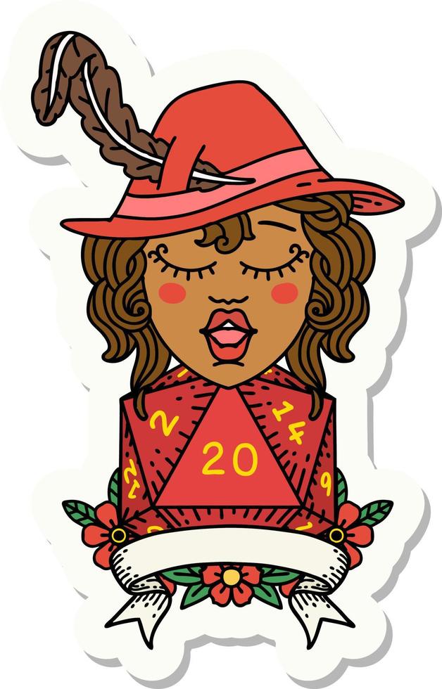 sticker of a human bard character with natural 20 dice roll vector