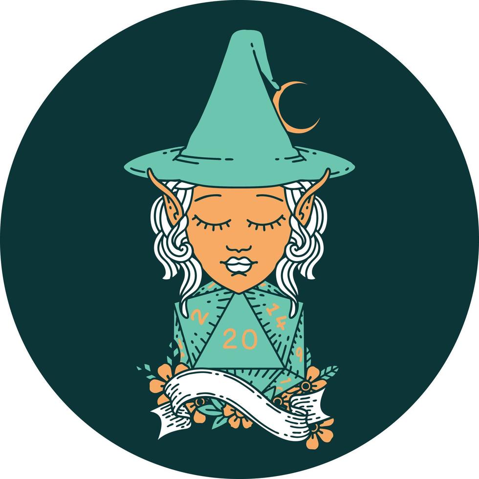 icon of elf mage character with natural twenty dice roll vector