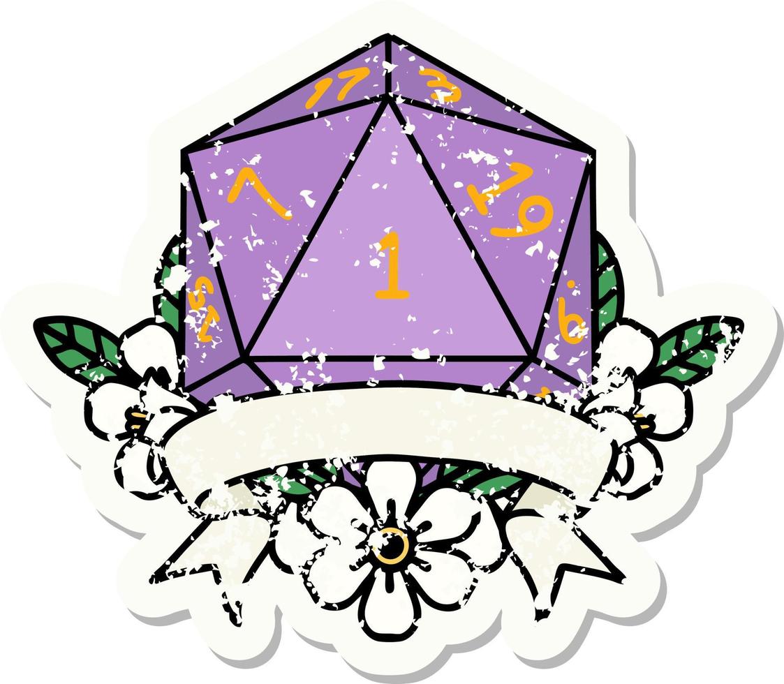 grunge sticker of a natural one d20 dice roll vector