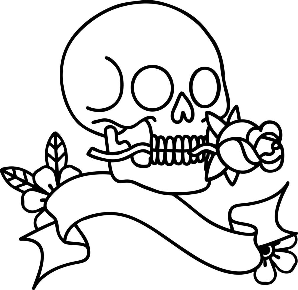 traditional black linework tattoo with banner of a skull vector