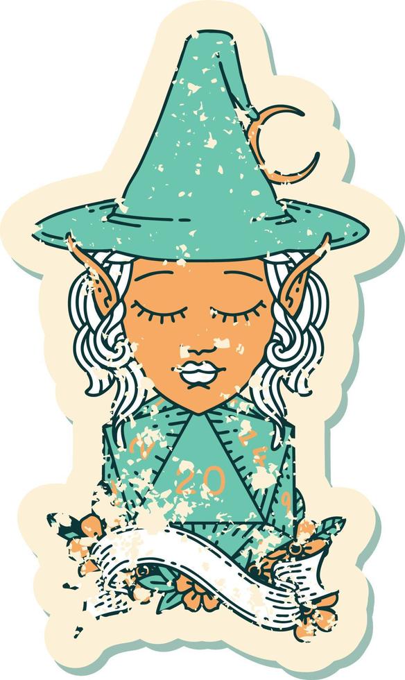 Retro Tattoo Style elf mage character with natural twenty dice roll vector