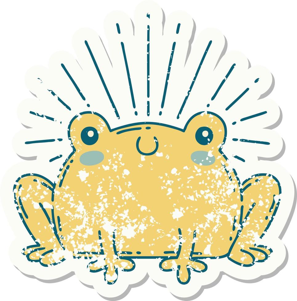 worn old sticker of a tattoo style happy frog vector