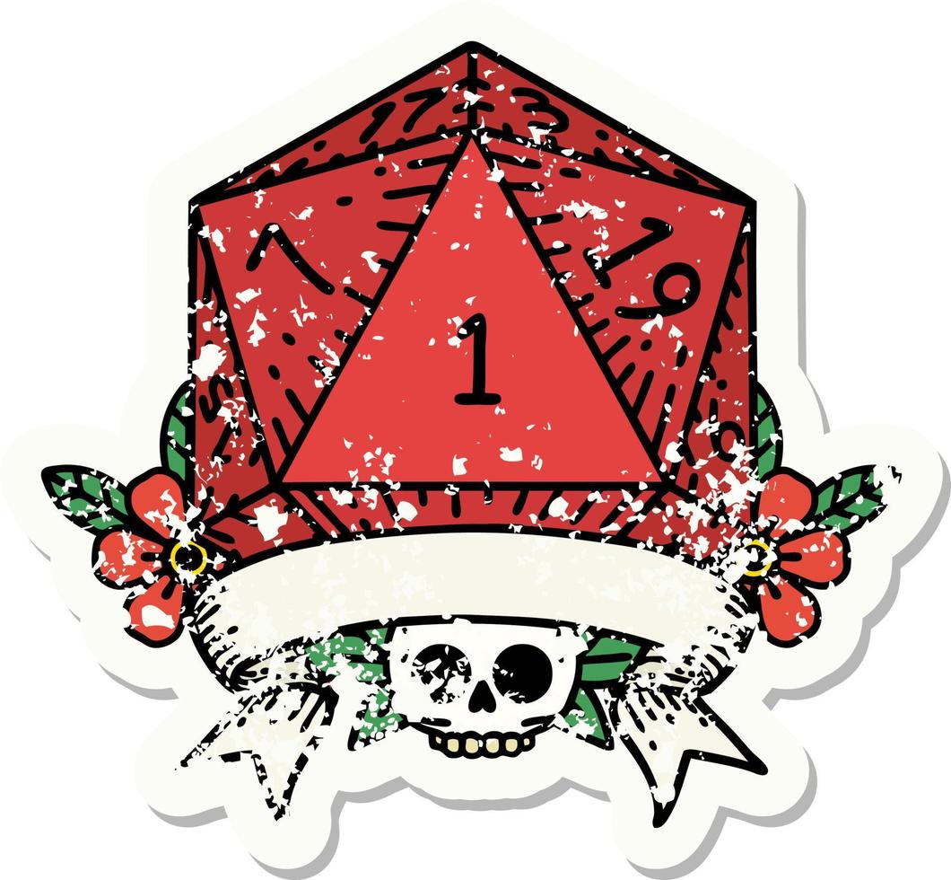 grunge sticker of a natural one d20 dice roll vector