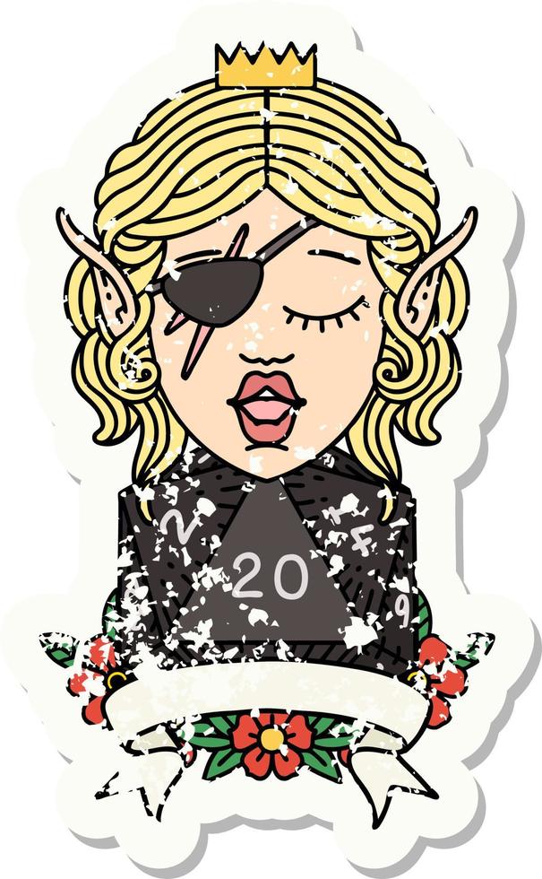grunge sticker of a elf rogue character with natural twenty dice roll vector