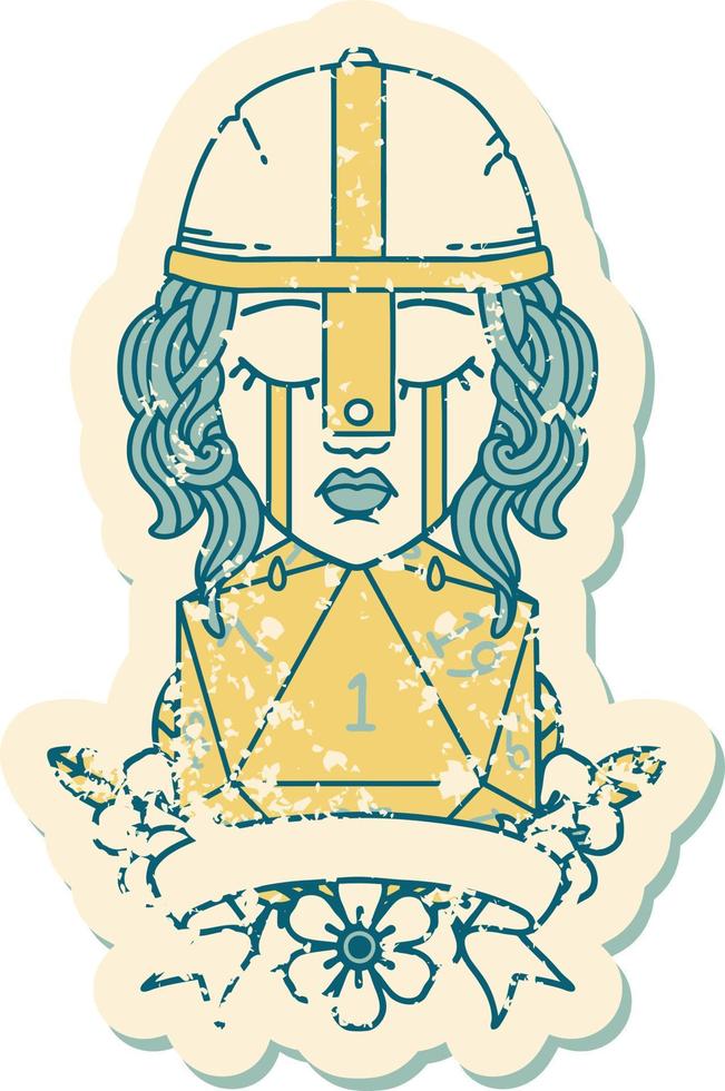 Retro Tattoo Style crying human fighter with natural one D20 dice vector