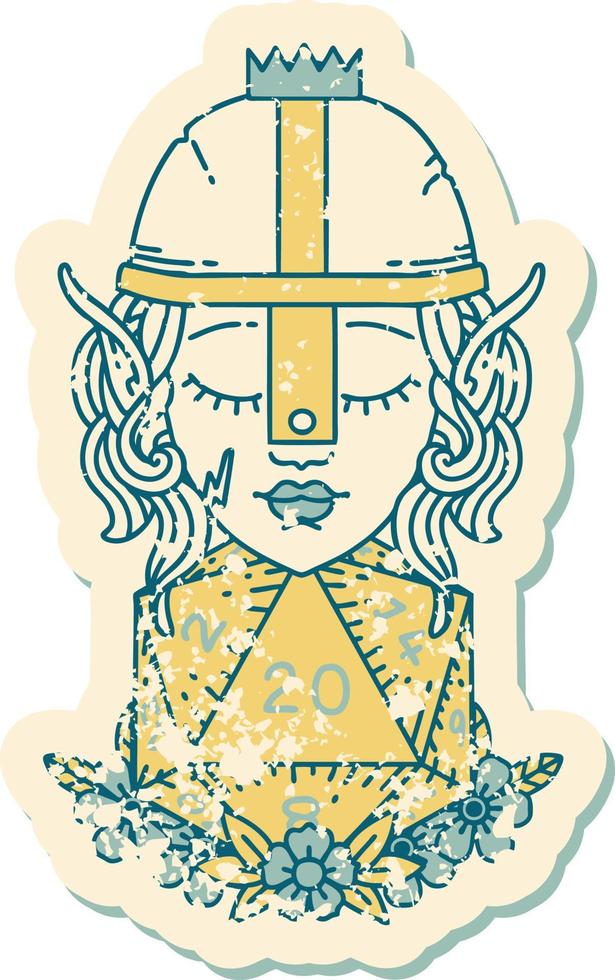 Retro Tattoo Style elf fighter with natural twenty dice roll vector