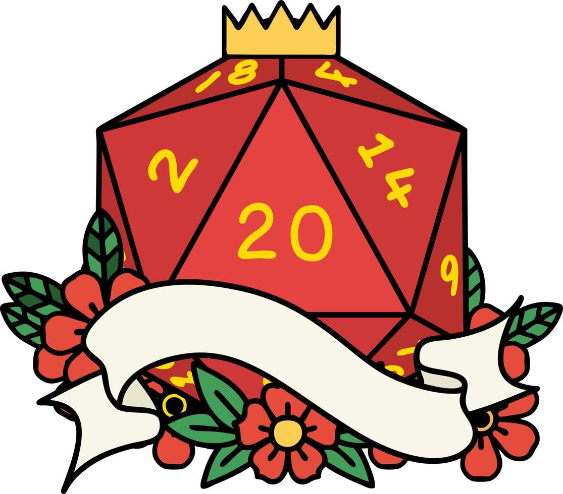 Retro Tattoo Style natural twenty D20 dice roll vector