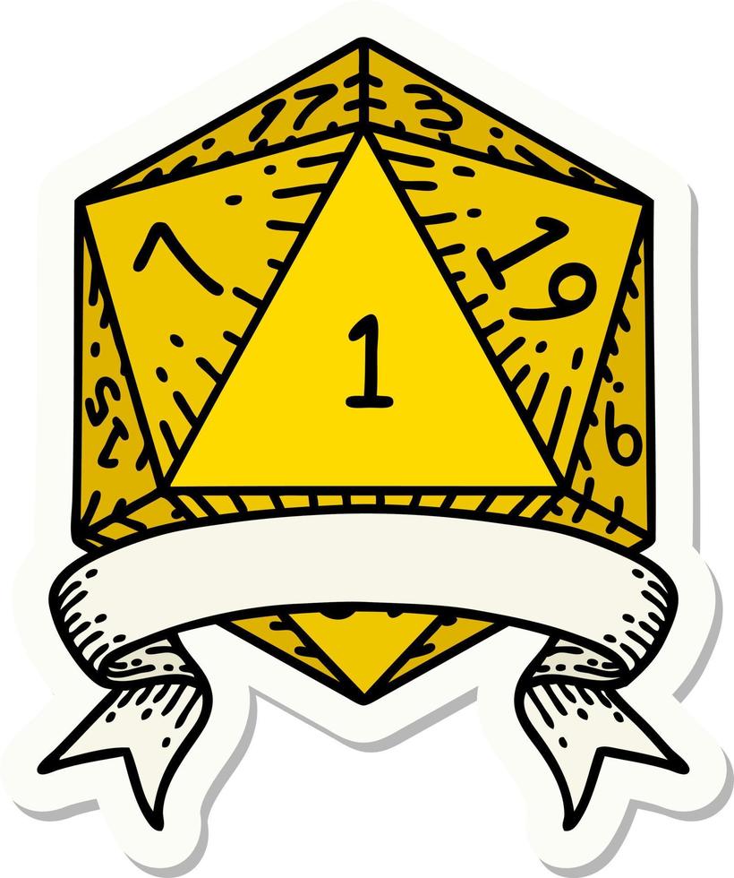 sticker of a natural one d20 dice roll vector