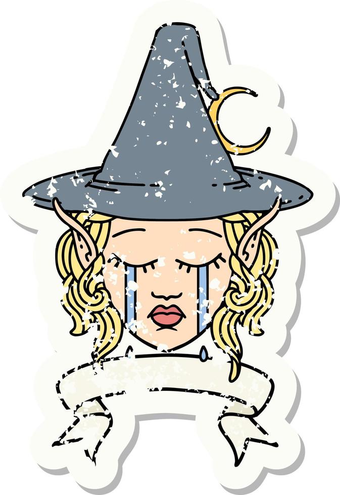 Retro Tattoo Style crying elf mage character face wiht banner vector