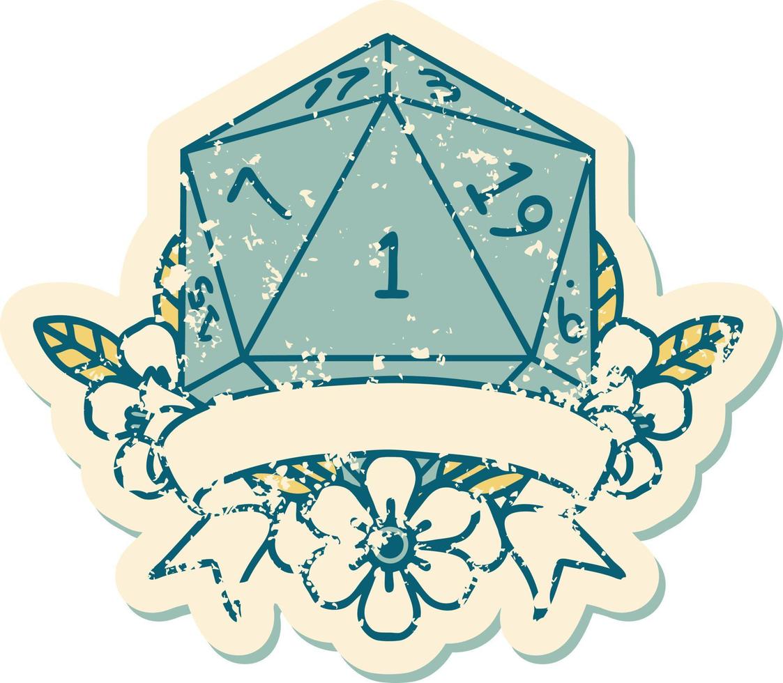 natural one d20 dice roll illustration vector