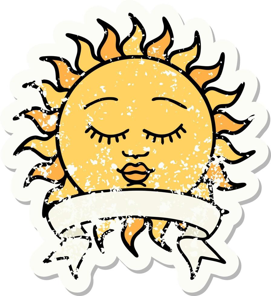 grunge sticker with banner of a sun with face vector